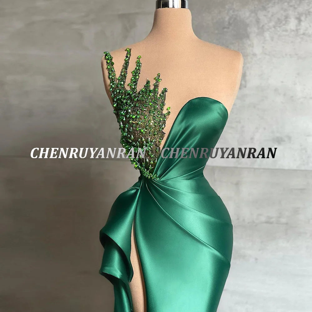 Green Evening Dresses 2025&2026 Sweetheart Sequin Beaded Long Satin Formal Party Dress Pleat Side Split Sexy Zipper Simple Prom Gowns