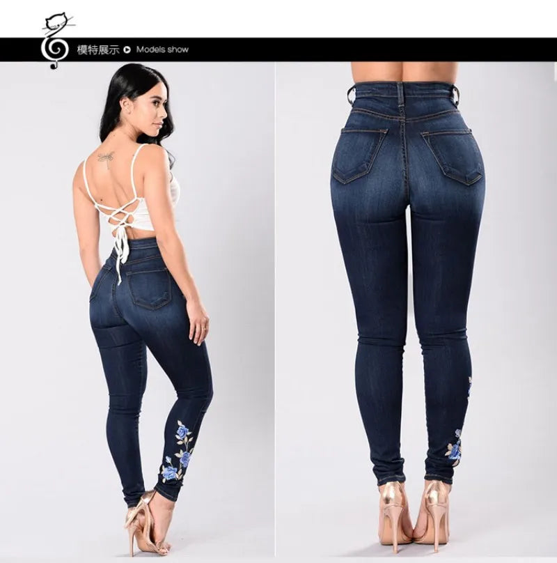 New Women's High Waist Embroidered Jeans Fashion Slim Stretch Denim Pencil Pants Street Trendy Trousers S-3XL Drop Shipping