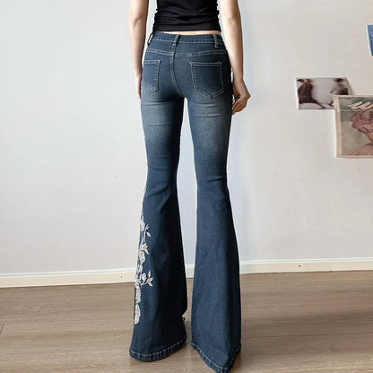 Flare Pants Jeans Women Embroidery Boot Cut Low Waist Washed Distressed Pockets Floor Length Streetwear 2025 Denim Trousers