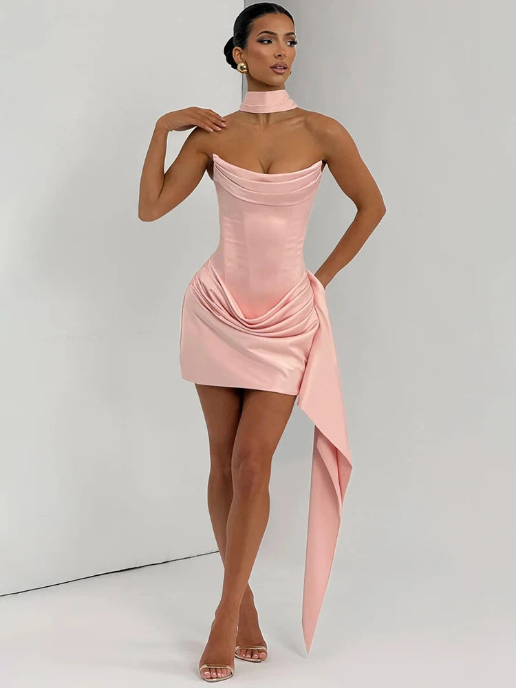 Mozision Off-shoulder Strapless Sexy Mini Dress Women Elegant Sleeveless Backless High Waist Draped Ruched Club Party Dresses