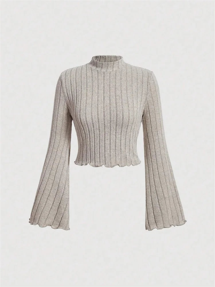 Women Flare Long Sleeve Mock Neck Rib-knit Crop Top Cropped Blouse Spring Fall 2024 Casual Slim Fit T-shirt Tees Y2K Clothes