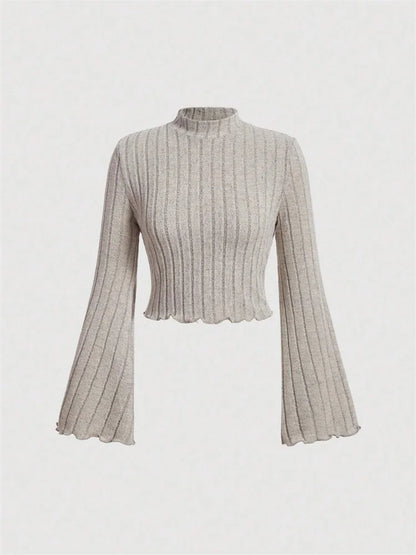 Women Flare Long Sleeve Mock Neck Rib-knit Crop Top Cropped Blouse Spring Fall 2024 Casual Slim Fit T-shirt Tees Y2K Clothes