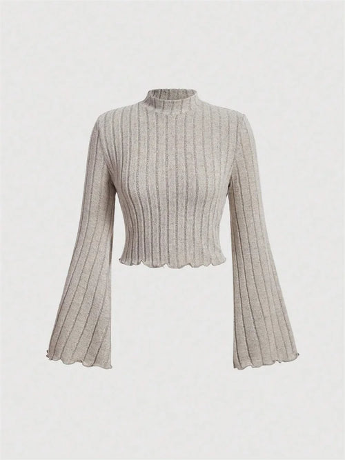 Women Flare Long Sleeve Mock Neck Rib-knit Crop Top Cropped Blouse Spring Fall 2024 Casual Slim Fit T-shirt Tees Y2K Clothes