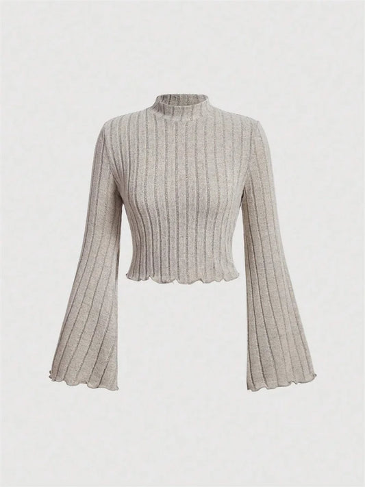 Women Flare Long Sleeve Mock Neck Rib-knit Crop Top Cropped Blouse Spring Fall 2024 Casual Slim Fit T-shirt Tees Y2K Clothes