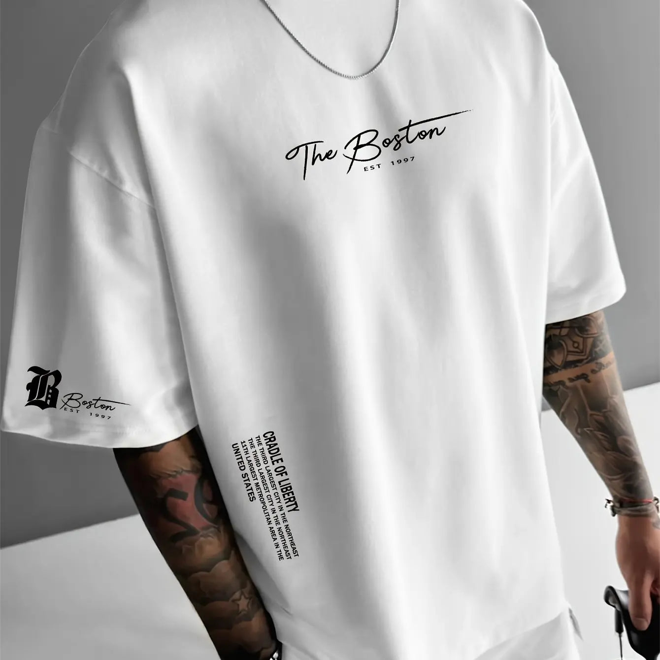 Men's summer 100 cotton fashionable casual sports loose Boston city slogan printed round neck short sleeved T-shirt top