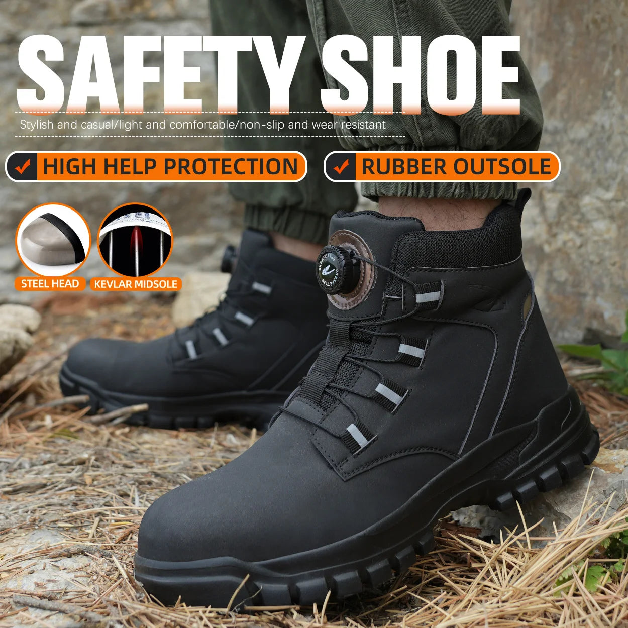 Rotating Button Work Shoes for Men Anti Puncture Work Sneakers Waterproof Work Safety Shoes Non Slip Steel Toe Tactical Boots