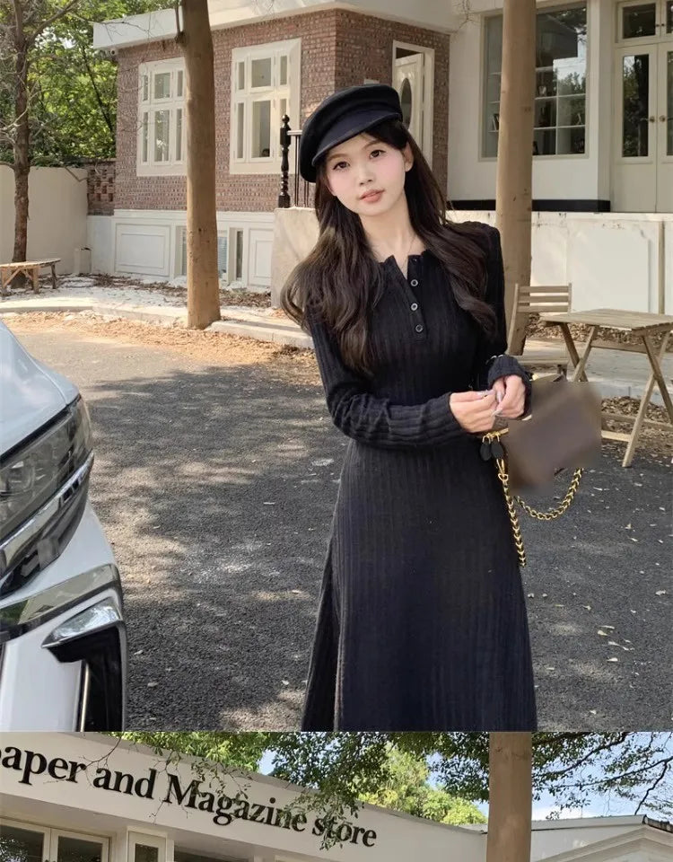 French Style Long Sleeve Knitted Dress Vintage Waist Cinching A- Line Skirt Women Autumn Winter New Arrival Slimming Inner Wear