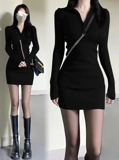 2025 Minimalist Black Ribbed Knit Dress, Half - Zip Long - Sleeve Bodycon Dress, Women's Daily Elegant Wear