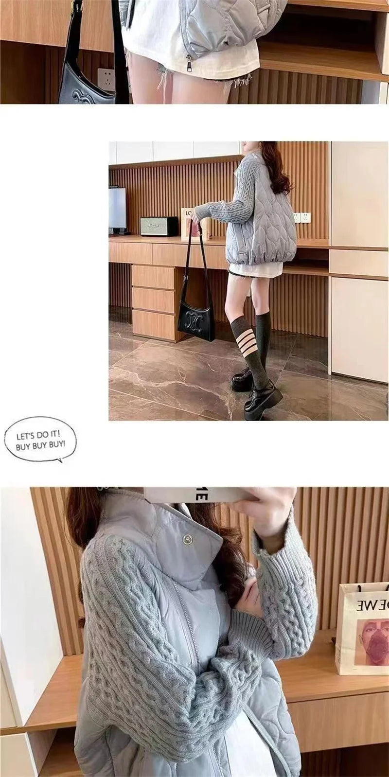 Stand Collar Sweater Sleeve Splicing Down Cotton Jacket Women Autumn Winter Warm Down Cotton Parkas 2025 New Female Fashion Coat