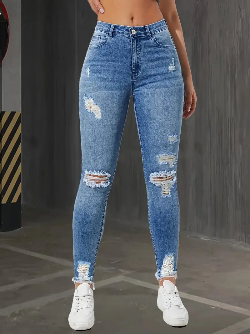 Fashion Skinny Hole Jeans Women 2026 Autumn Stretchy High Waisted Ripped Slim Retro Solid Color Denim Trousers Pants