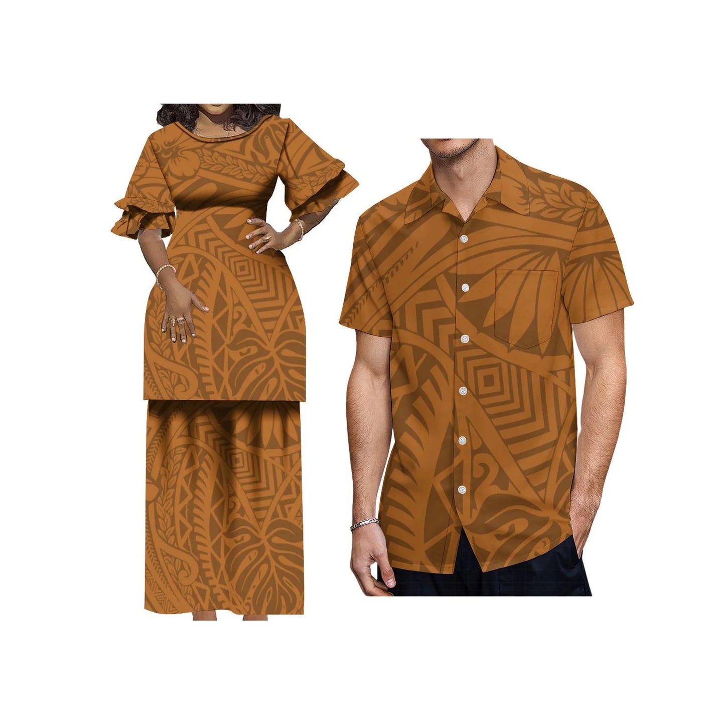 Plus Size Women 2 Piece Outfits Sets Dress New Wholesale Custom Polynesian Tribal Design Petal Sleeve Samoan Puletasi Set