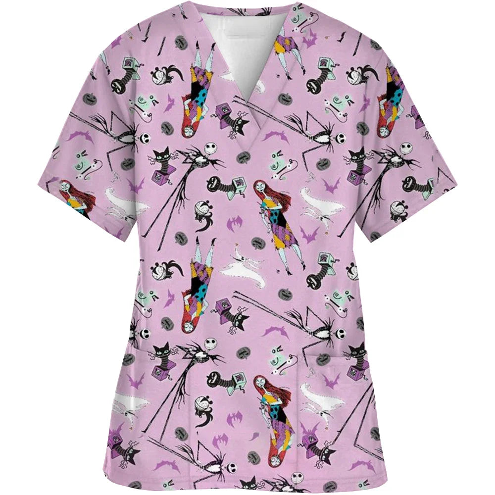 Women Short-Sleeved V-Neck Nurse Top Halloween Women's Fashion Casual Printing Top Protective Work Suit Medical Working Uniform