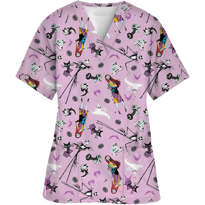 Women Short-Sleeved V-Neck Nurse Top Halloween Women's Fashion Casual Printing Top Protective Work Suit Medical Working Uniform