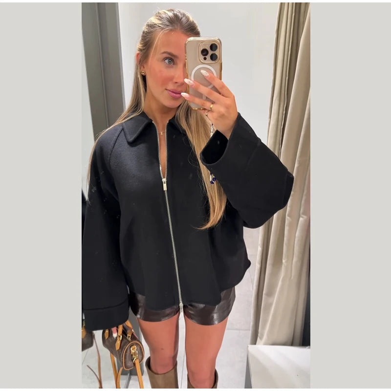 Woolen Zipper Loose Short Jacket Women Long Sleeve Lapel Solid 2025 Autumn Winter Commute Coat Street Office Warm Ladies Outwear