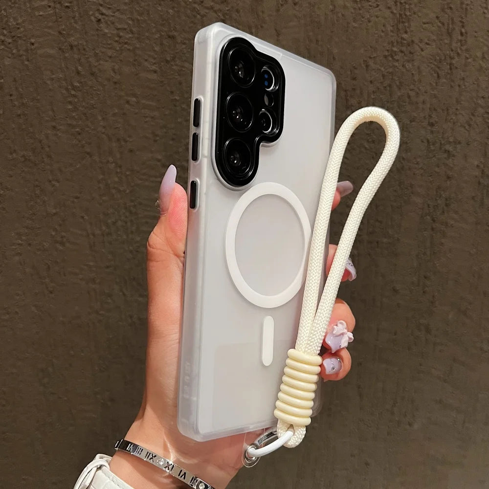 Wrist Strap Cord Magnetic Matte Translucent Armor Case For Samsung S25 Ultra S24 FE S23 Plus For Magsafe Wireless Charge Cover