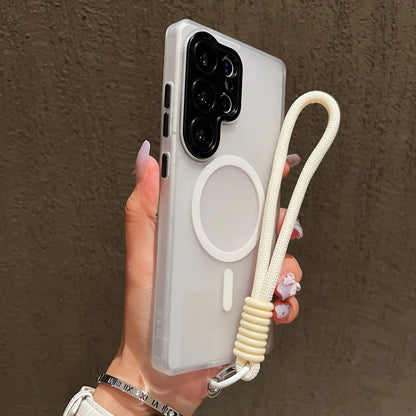 Wrist Strap Cord Magnetic Matte Translucent Armor Case For Samsung S25 Ultra S24 FE S23 Plus For Magsafe Wireless Charge Cover