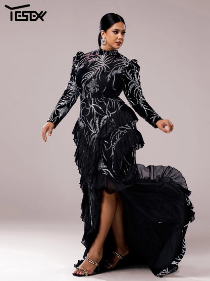 Yesexy Plus Size Elegant Beautiful Women Round Neck Long Sleeved Split Evening Gown Wedding Birthday Party Formal Occasion Dress