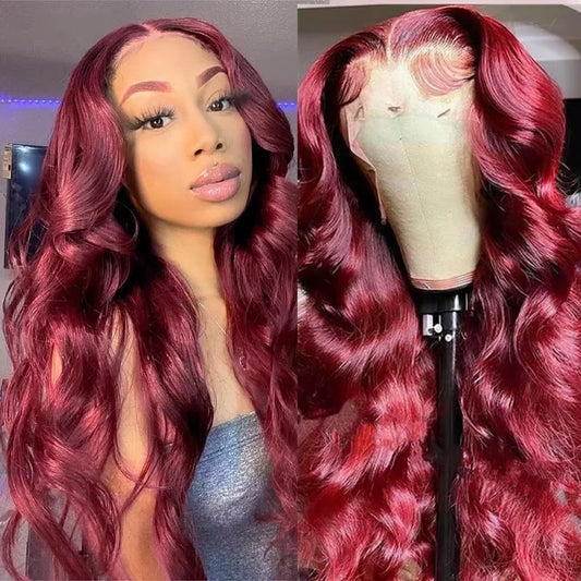 99J Burgundy Body Wave 13x4 13x6 HD Transparent Lace Wig Human Hair Wig 36 Inch wig No Tangle Colored Brazilian Hair Wigs