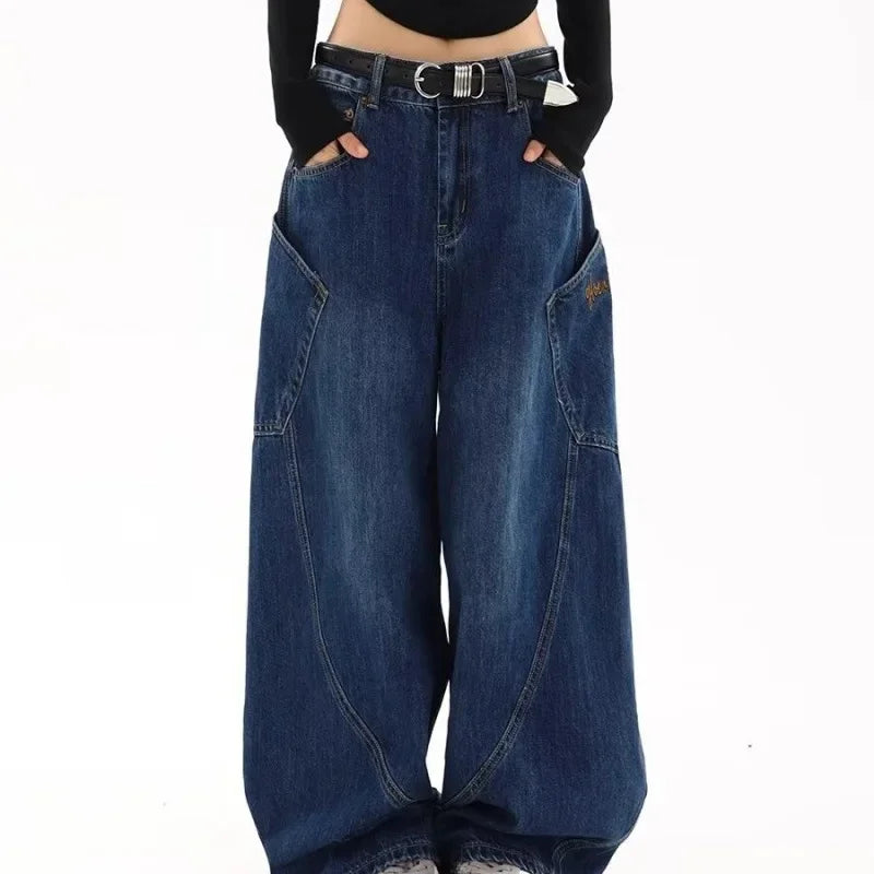 American Retro Knife Pocket Wide Leg Jeans Women's Spring Autumn Style Hot Girl High Street Design Loose Floor-Length Pants