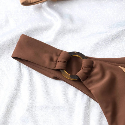 Swimwear Bikini Suit for Lady Sexy Swimsuit Women Summer Holiday Solid Sea Bra and Underwear for Swimming Brown#1#W