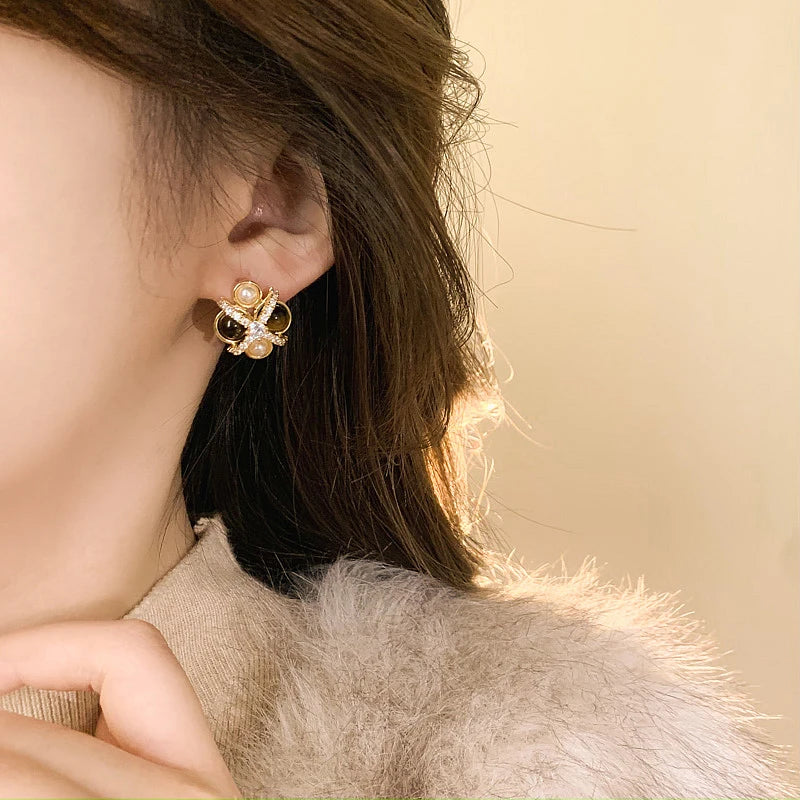 2025 New Design Natural Tiger Eye Stone Micro inlaid Zircon Geometric Earrings for Women's Trendy Jewelry Luxury Accessories