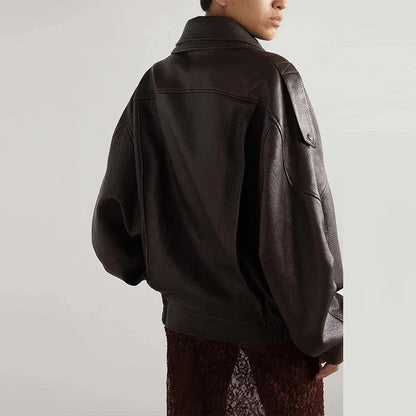 Vintage Zippers Short Leather Jackets Women's Casual Lapel Button Pockets Full Sleeve Coat 2025 Autumn New Lady Chic Streetwear