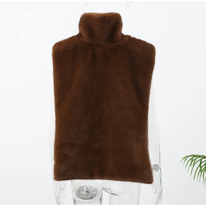Solid Faux Fur Vest Crop Top Women Fashion Turtleneck Fluffy Short Tank Tops 2025 Winter Female Elegant Sleeveless Jacket Coat