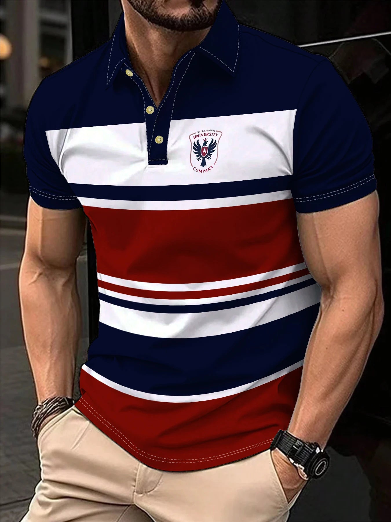 Men's Polo Shirt Summer Outdoor Casual Round Neck Short Sleeve Top Striped Printed Style OverSize T-shirt Loose Men's Clothing