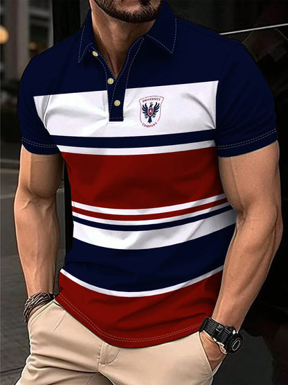 Men's Polo Shirt Summer Outdoor Casual Round Neck Short Sleeve Top Striped Printed Style OverSize T-shirt Loose Men's Clothing