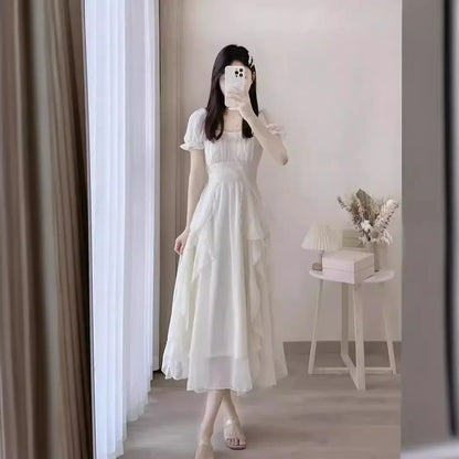 French Style White Fairy Dress Women's Summer 2025 New Super Fairy Princess Gown Gentle Wind Long Skirt Elegant Sensation