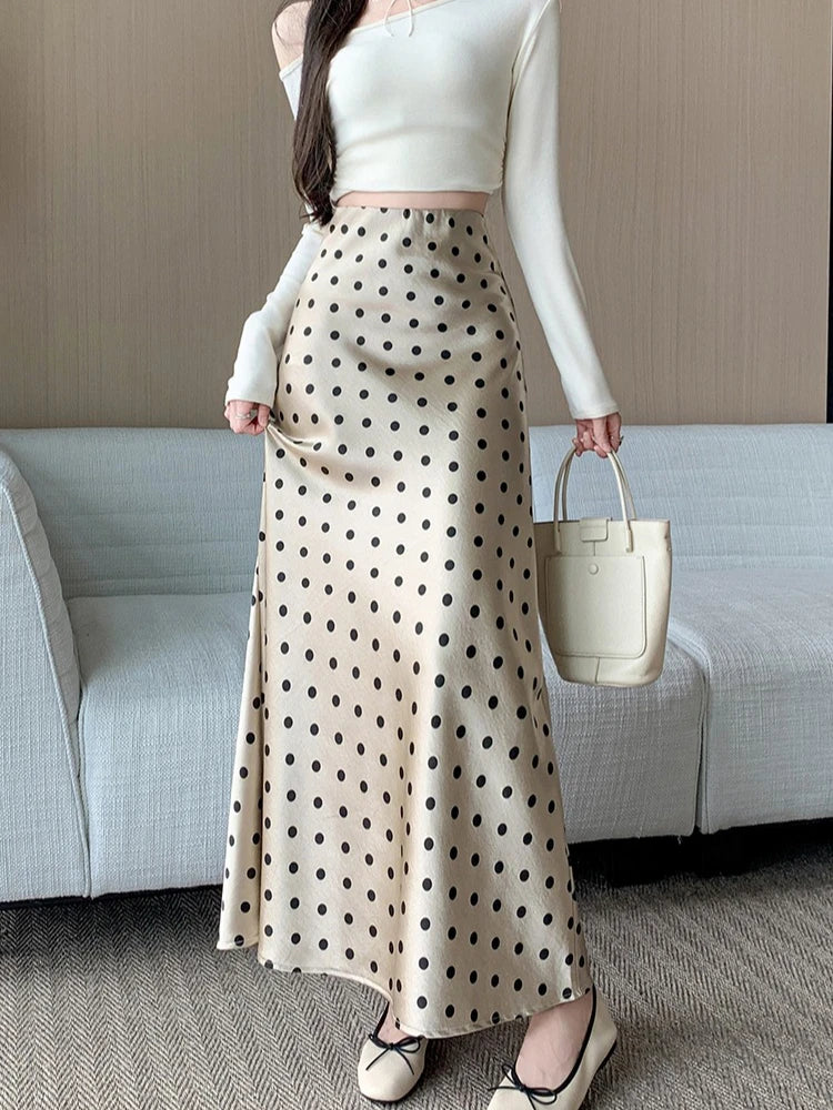 Seoulish High Waist Elegant Dots Printed Satin Women's Long Fishtail Skirts New Loose Office Mermaid A-line Skirts Female