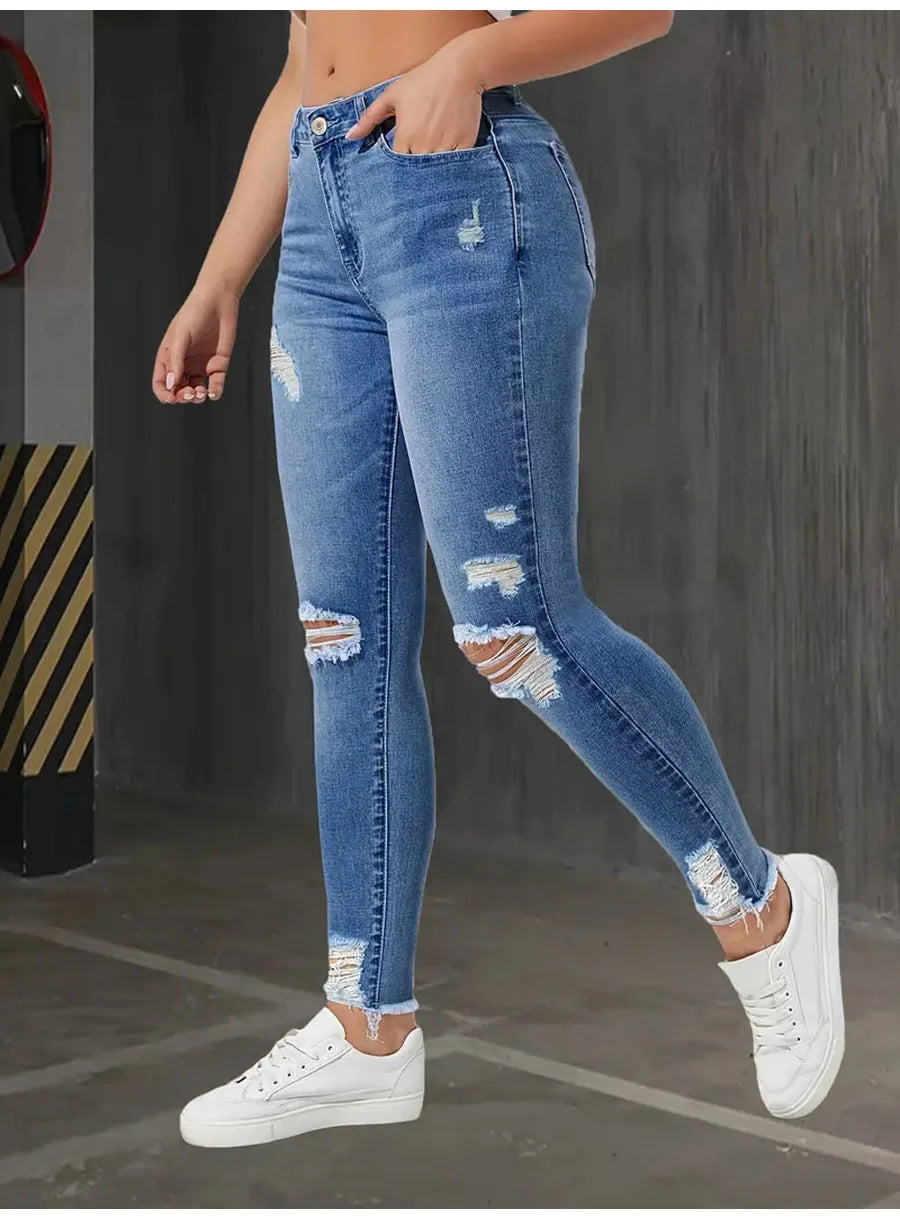 Fashion Skinny Hole Jeans Women 2026 Autumn Stretchy High Waisted Ripped Slim Retro Solid Color Denim Trousers Pants