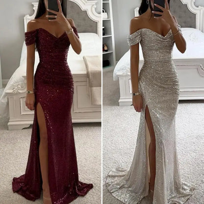 2025 Elegant Off-shoulder Gown Dress V-Neck Sequin Pleated Short Sleeve Waist Tight Maxi Dress Split Evening Party Prom Dress