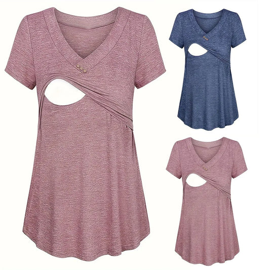 Casual Womens Maternity T-Shirt Top Summer Soild Color Short Sleeve  Tee Shirt Crew Neck Basic Nursing Tops Comfort Tee
