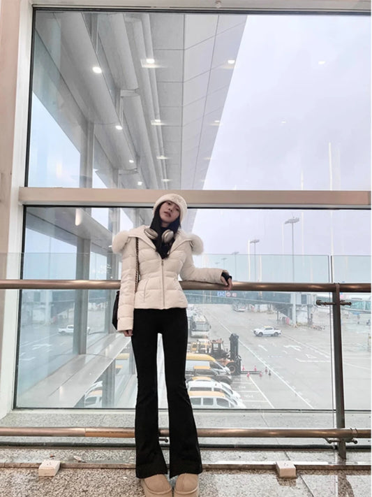 White Large Fur Collar down Jaet Women's 2025 Winter New Design Ultra Slim Lightweight Hooded White Du down Outerwear