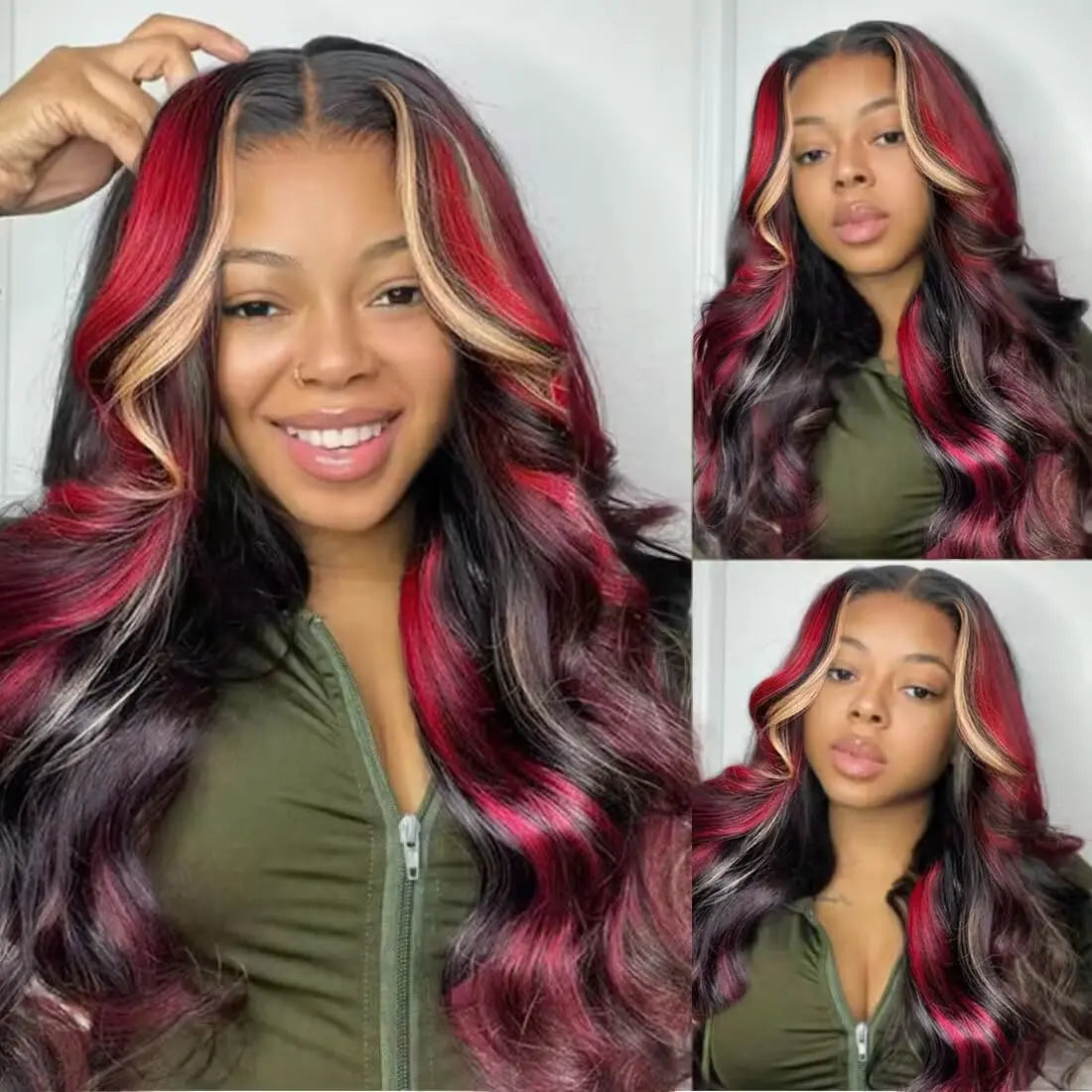 Highlight Black Red Blonde Wig Human Hair 5x5 Glueless Body Wave  Balayage Colored Wigs Human Hair Pre Plucked 180% Density