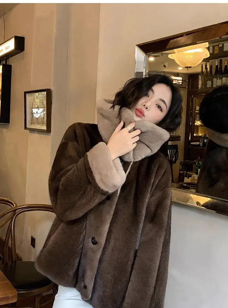 2025 New Coffee Colored Faux Mink Fur Spliced Lapel Fur Coat for Women Young and Loose