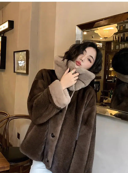 2025 New Coffee Colored Faux Mink Fur Spliced Lapel Fur Coat for Women Young and Loose