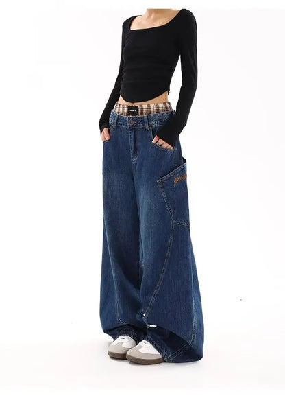 American Retro Knife Pocket Wide Leg Jeans Women's Spring Autumn Style Hot Girl High Street Design Loose Floor-Length Pants