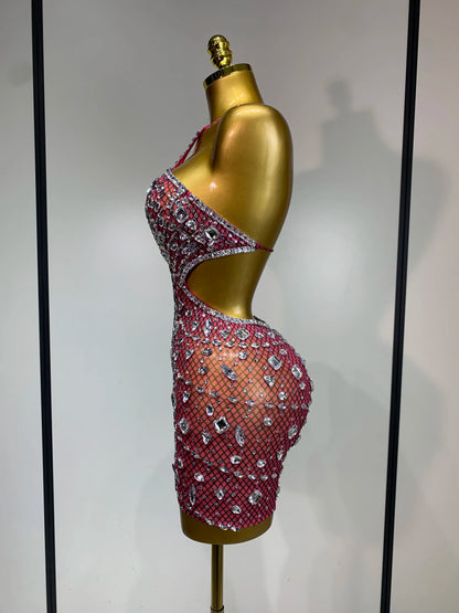 Sexy Sparkly Diamond Backless Short Dress 2025 Women Sleeveless Mesh See Through Evening Birthday Gown Singer Stage Outfit