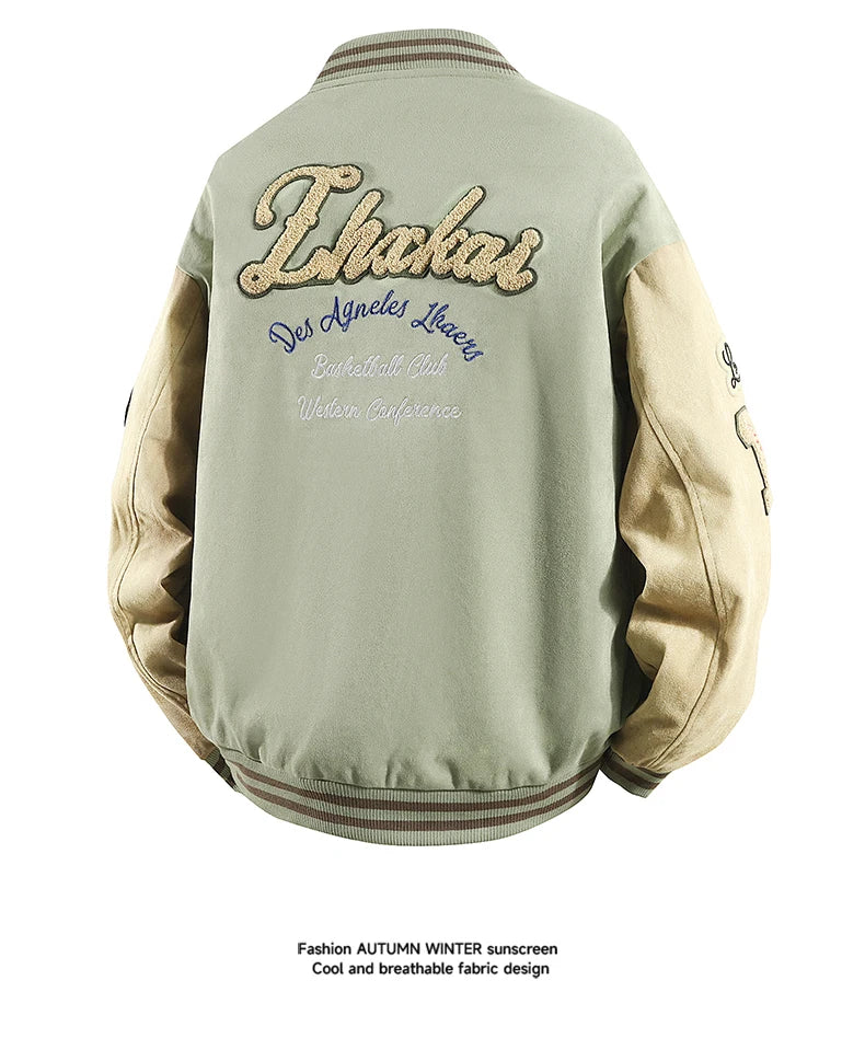 Hip Hop Men's Suede Embroidered Varsity Jacket Color Block Letter Graphic Long Sleeve Baseball Jacket Bomber Coat