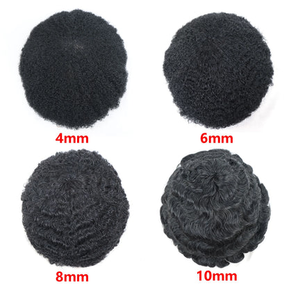 Men’s Toupee 6 Inch Human Hair Afro Curly Wig Full Lace Base 4mm Curls Natural Black 130% Density Breathable Replacement System