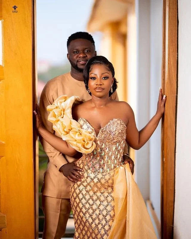 Gold African Aso Ebi Evening Dresses Mermaid Sweetheart Lace Crystals Formal Party Gown Prom Dresses For Black Girls Customized