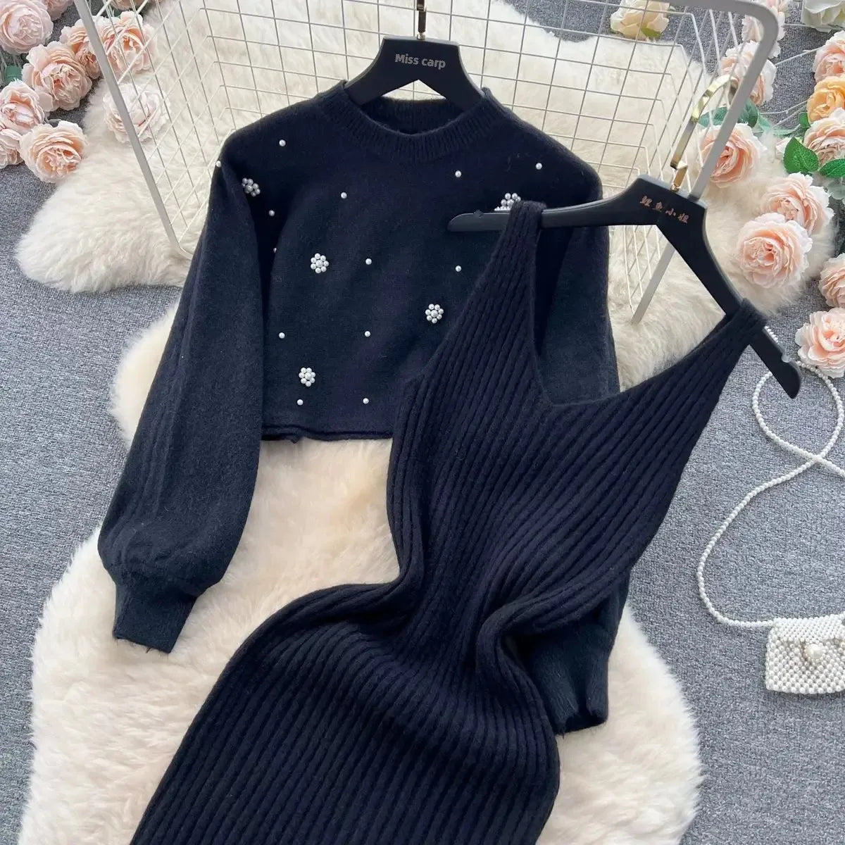 Autumn Winter Slimming Knitted Sweater Dress Set Women's Mid-Length Base Layer Knee-Over Bottoming Dresses Fashionable