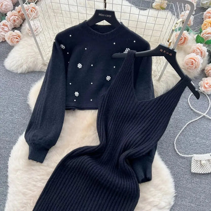 Autumn Winter Slimming Knitted Sweater Dress Set Women's Mid-Length Base Layer Knee-Over Bottoming Dresses Fashionable