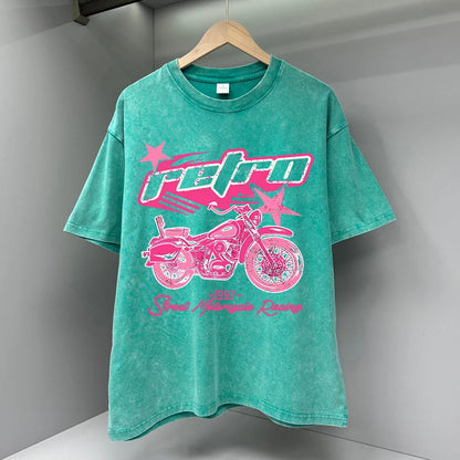 Y2K Pink Retro Motorcycle Street Print Men Tshirts Breathable T Shirts Loose Cotton Tee Clothing Casual Tops Brand Oversize Tees