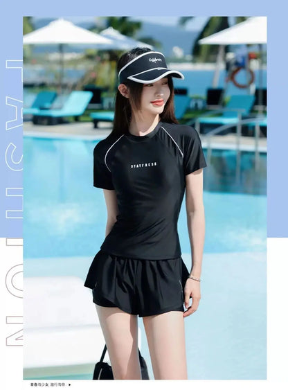 Sports Swimsuit, Swimsuit, Women's New Plus Size Two-piece Set, Short Sleeved, Student Hot Spring Conservative Swimsuit