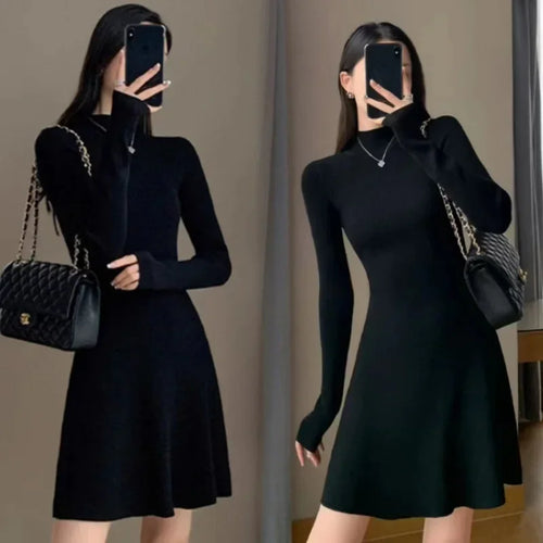 Women's Knitted A- Line Mini Dress Hepburn Little Black Dress Autumn Winter Inner Wear Slimming Base Layer Skirt For Coat
