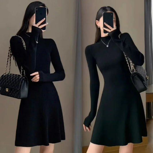 Women's Knitted A- Line Mini Dress Hepburn Little Black Dress Autumn Winter Inner Wear Slimming Base Layer Skirt For Coat