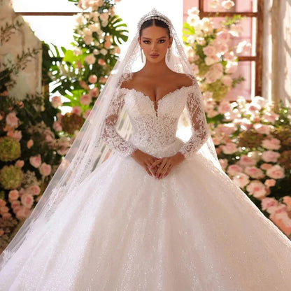 Vintage Wedding Dresses Off Shoulder Lace Appliques Long Sleeves Sequins Bride Dress Bridal Gowns  Vestido De Novia